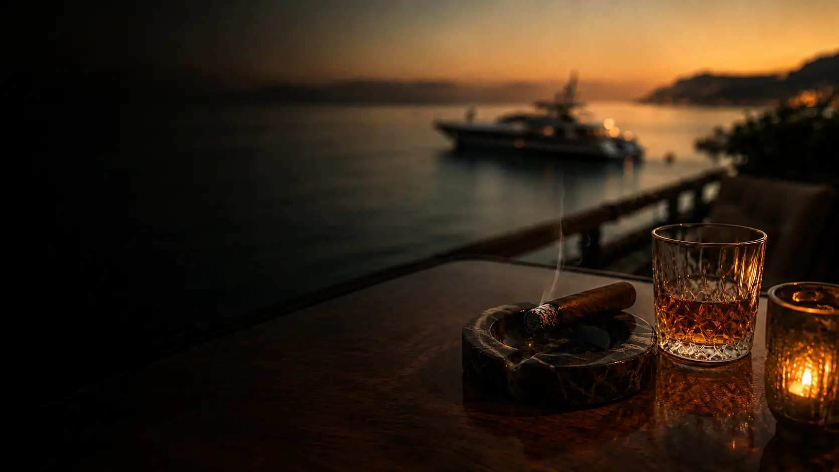 Cigare et verre de whisky face à la Méditerranée au coucher du soleil